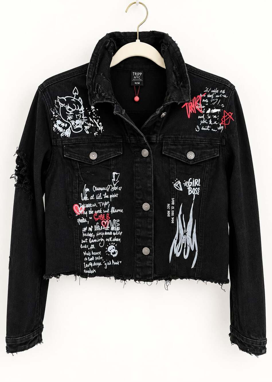 Redfox Black Graffiti Distressed Crop Jean Jacket 2XL